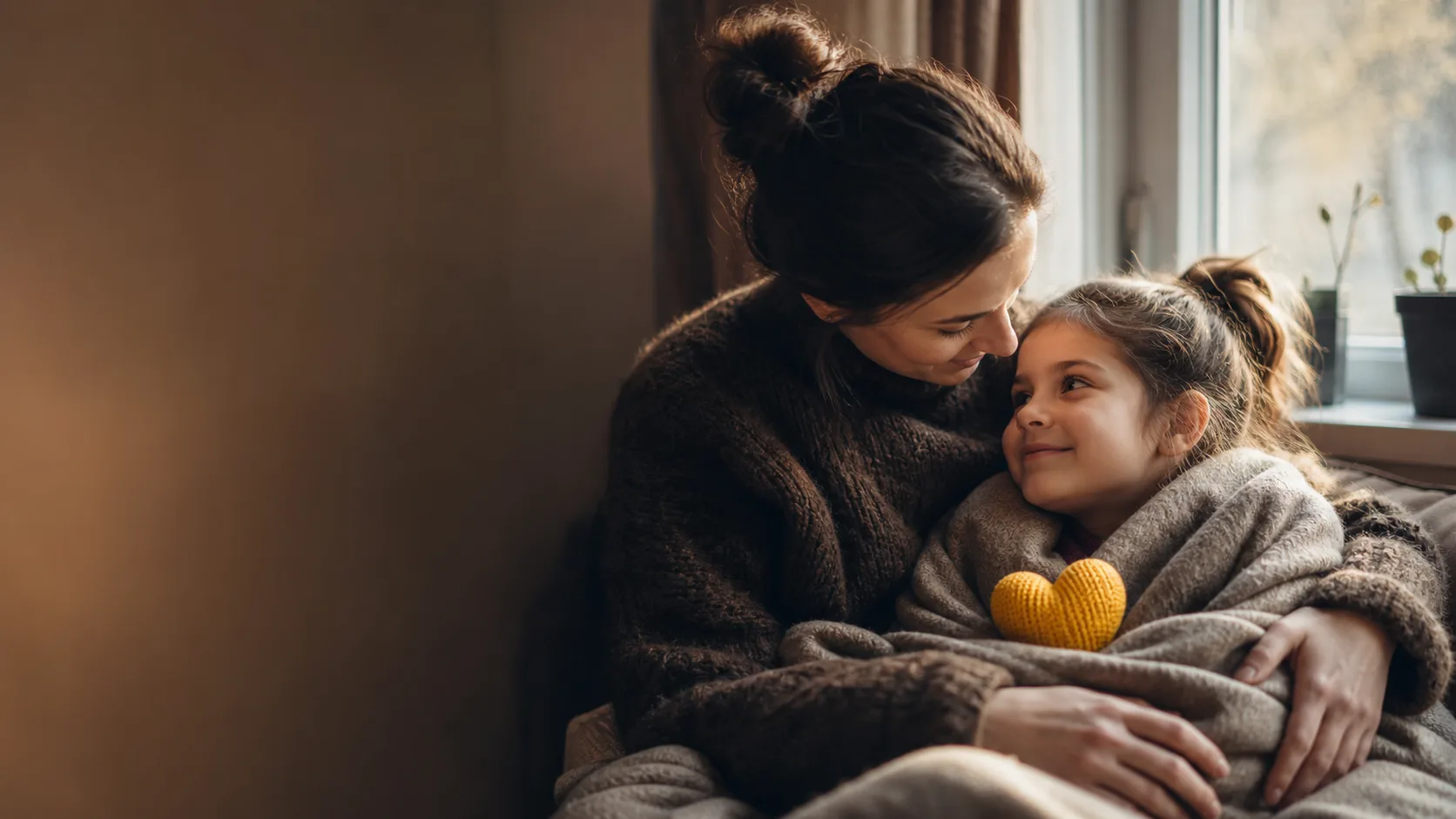 Eine Mutter hält ihre Tochter im Arm — ein gelbes Strickherz in der Decke.