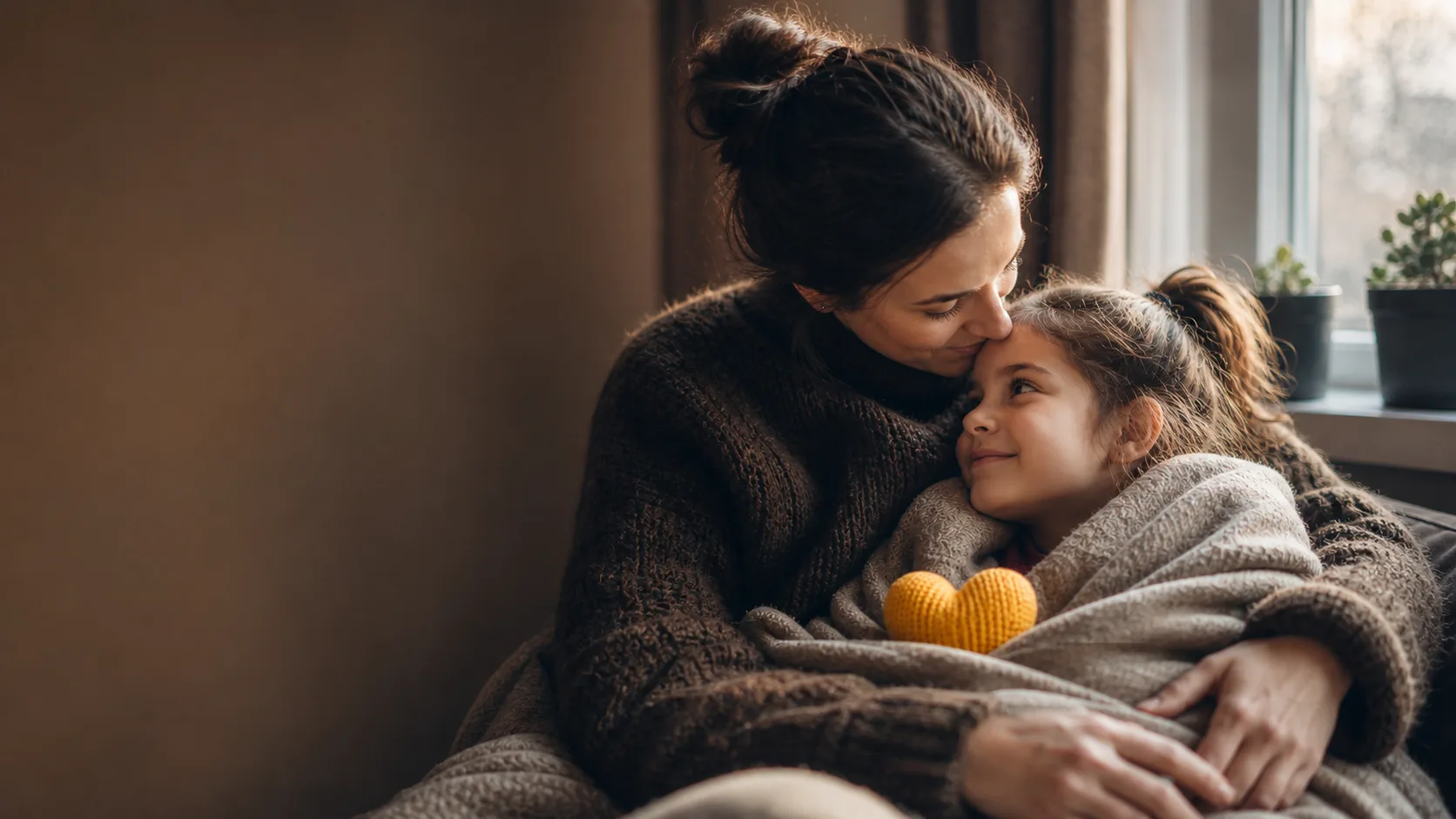 Eine Mutter hält ihre Tochter im Arm — ein gelbes Strickherz in der Decke.