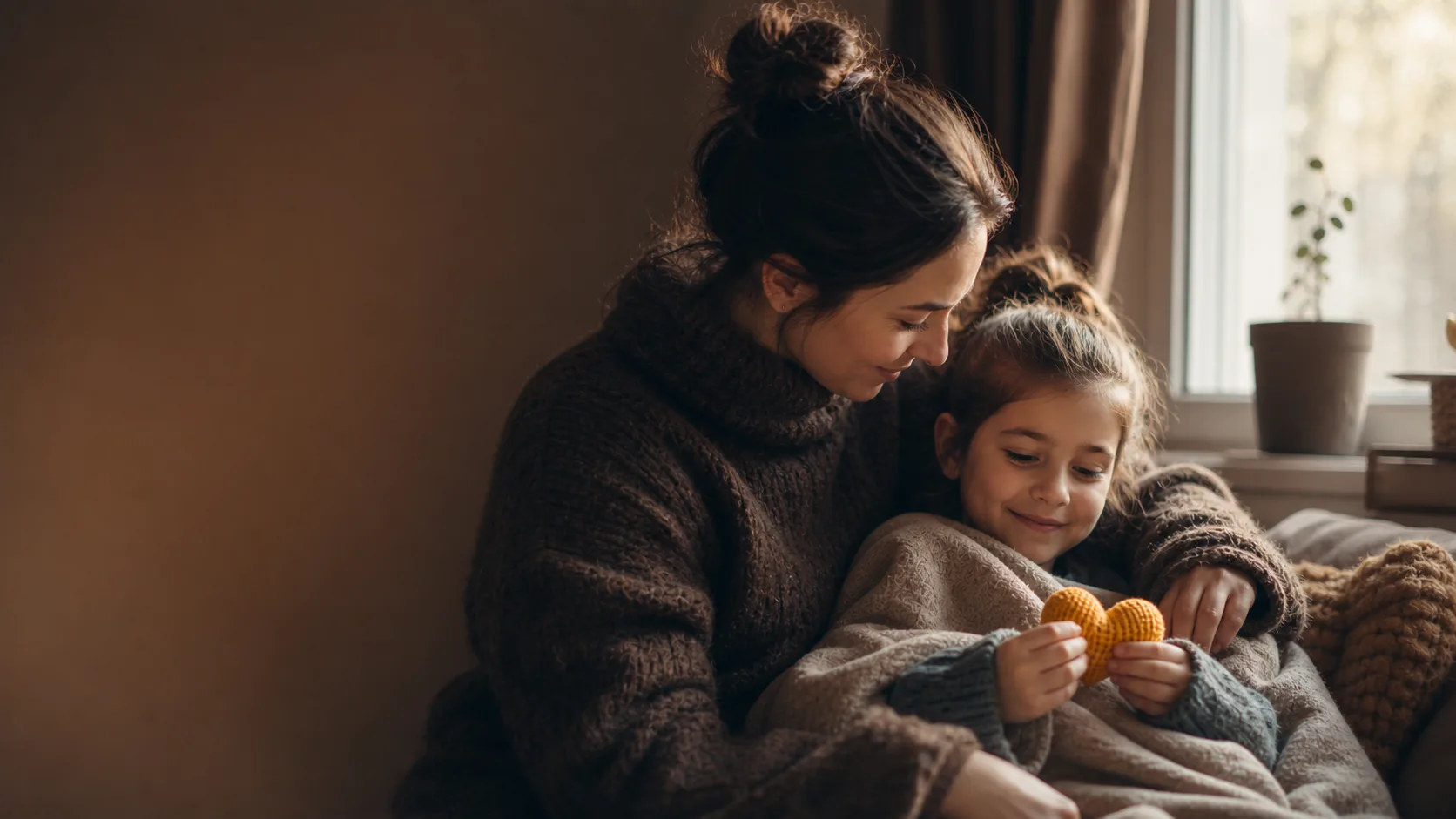 Eine Mutter hält ihre Tochter im Arm — ein gelbes Strickherz in der Decke.