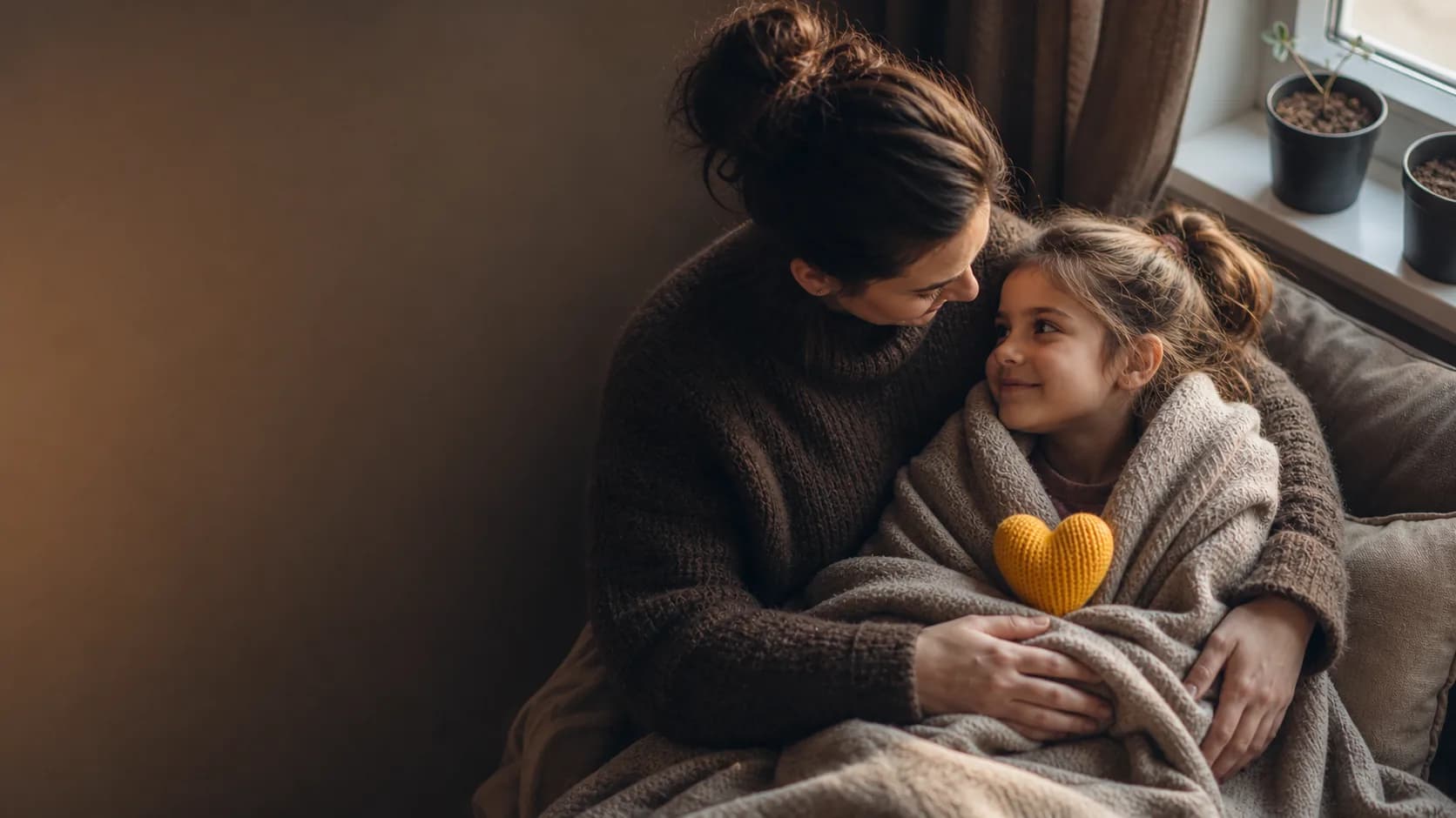 Eine Mutter hält ihre Tochter im Arm — ein gelbes Strickherz in der Decke.