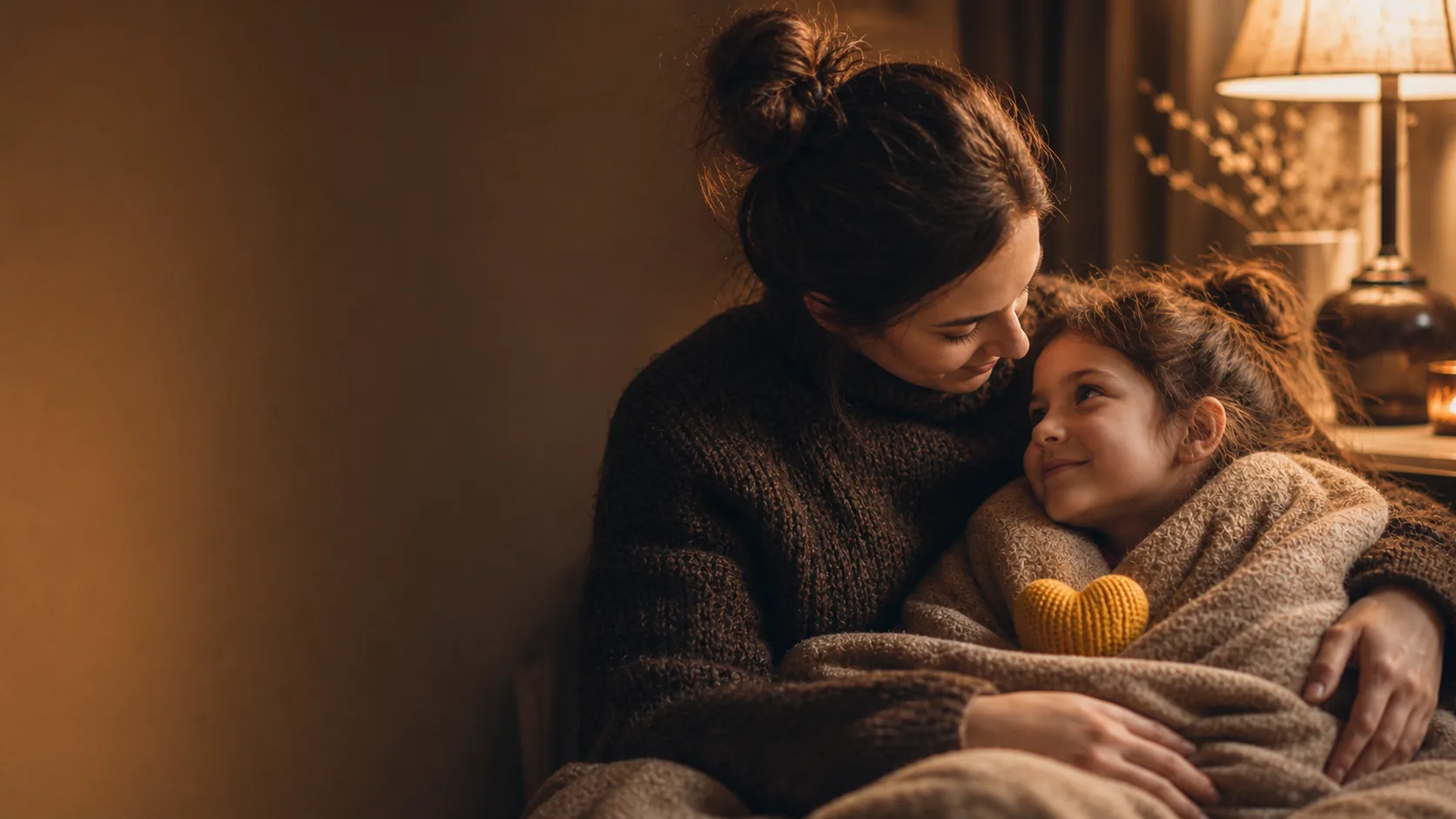 Eine Mutter hält ihre Tochter im Arm — ein gelbes Strickherz in der Decke.