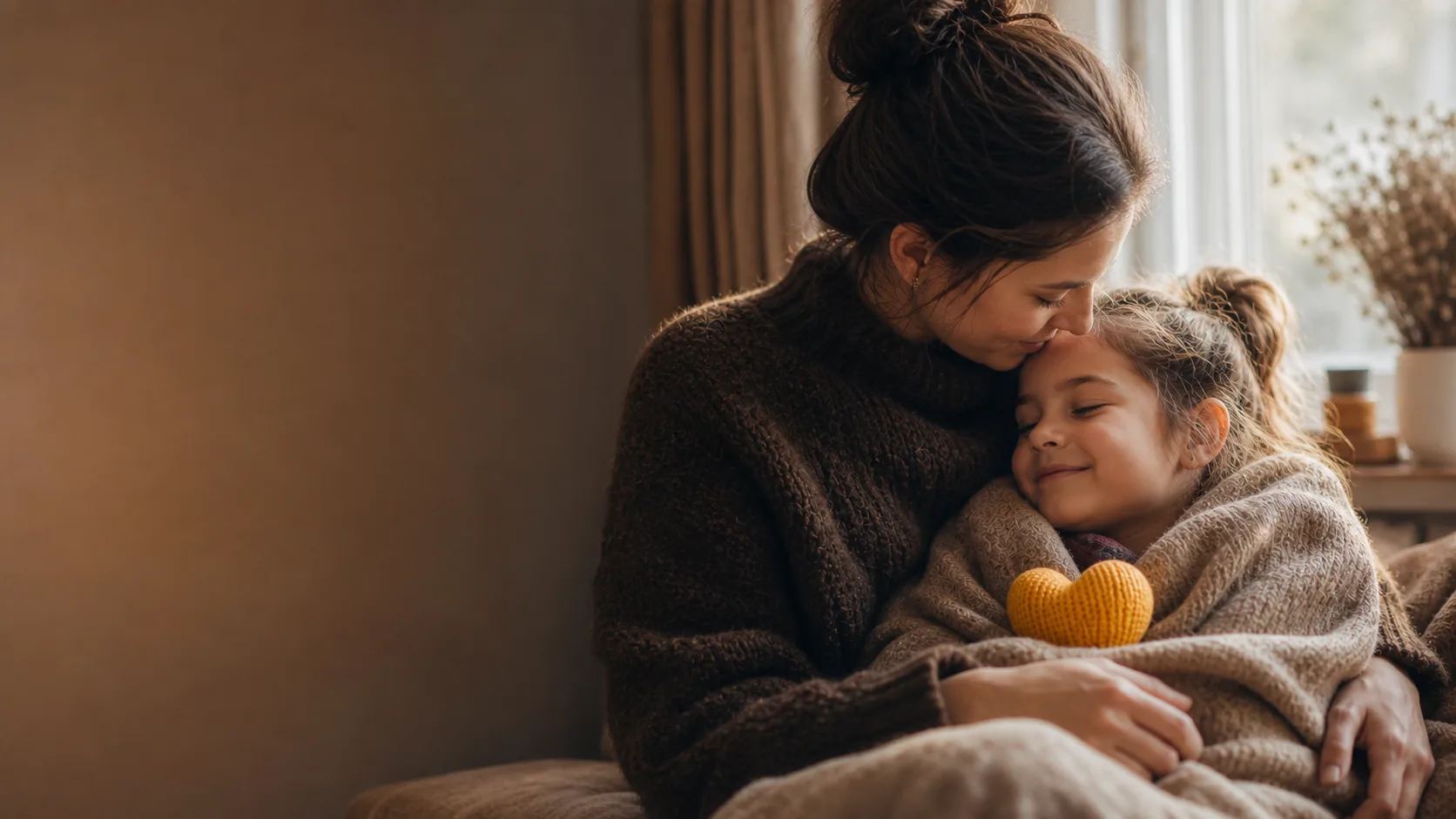 Eine Mutter hält ihre Tochter im Arm — ein gelbes Strickherz in der Decke.