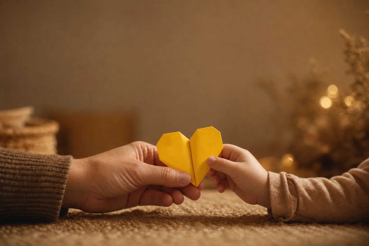 Eine erwachsene und eine kleine Hand halten gemeinsam ein Herz aus Papier.