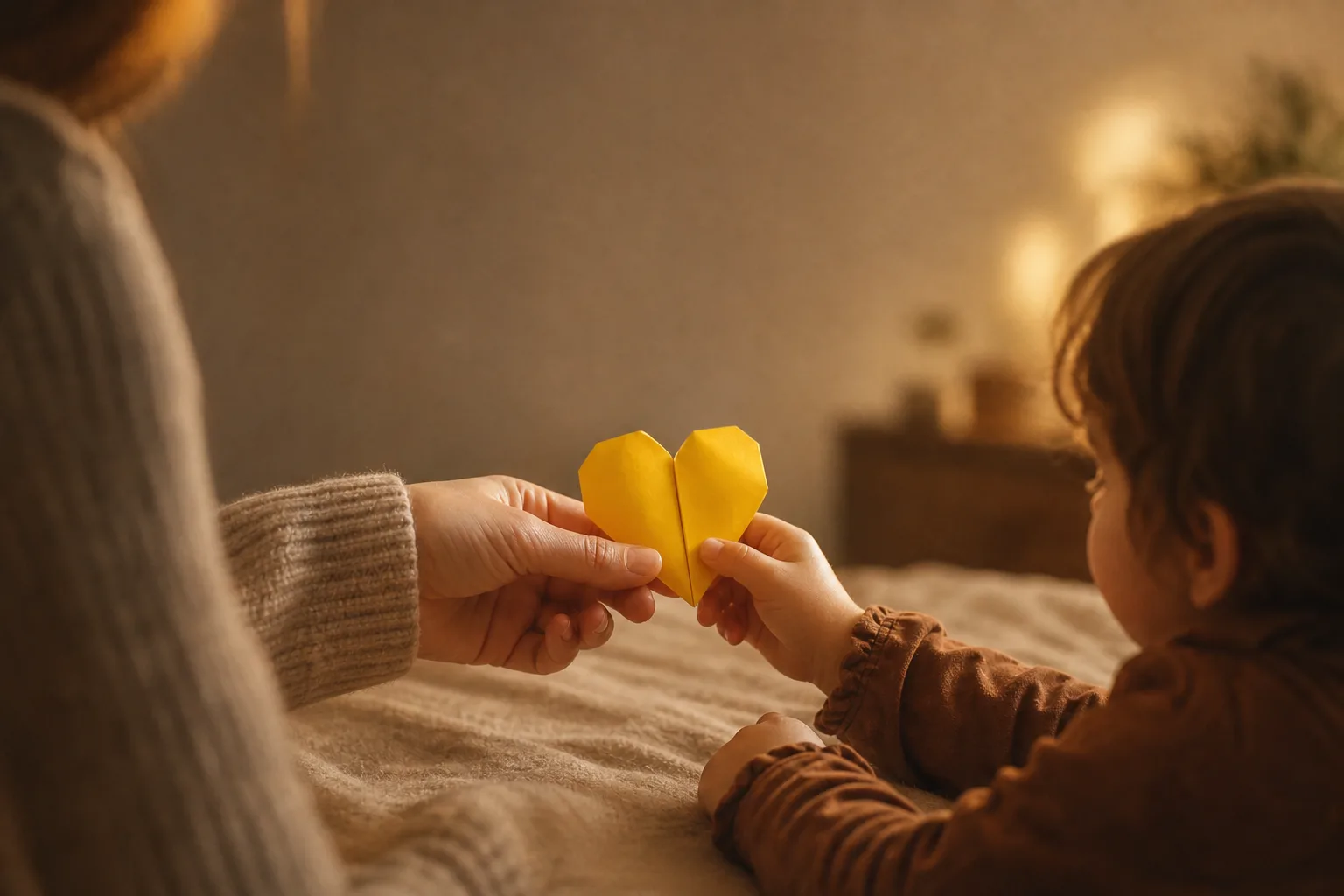 Eine erwachsene und eine kleine Hand halten gemeinsam ein Herz aus Papier.
