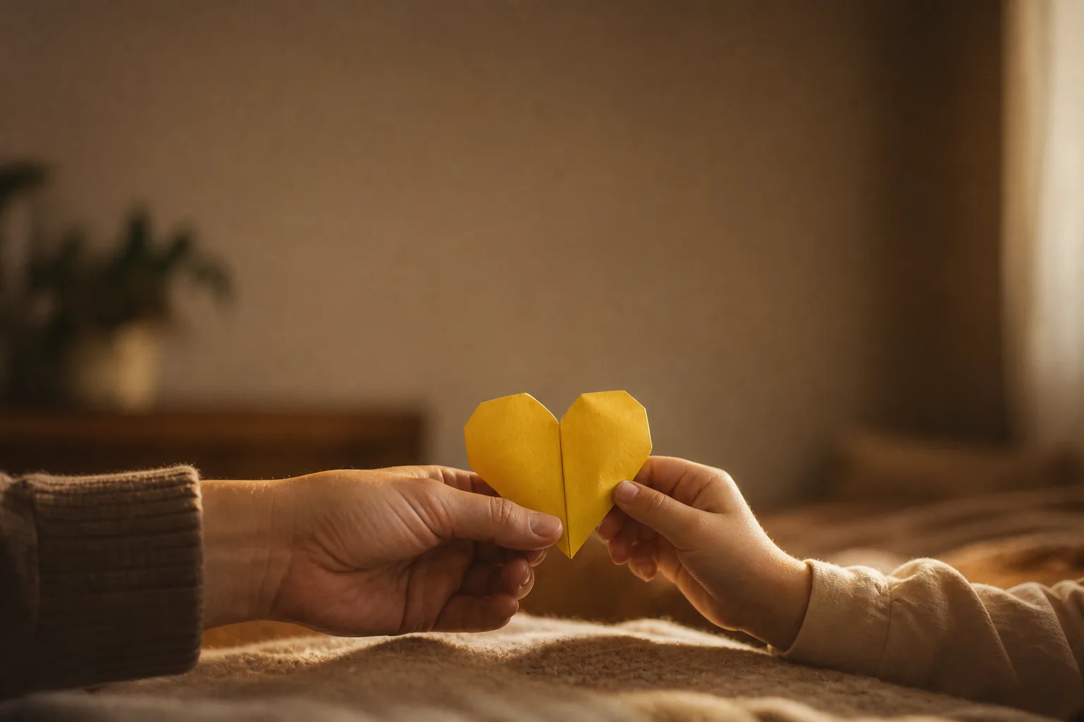 Eine erwachsene und eine kleine Hand halten gemeinsam ein Herz aus Papier.