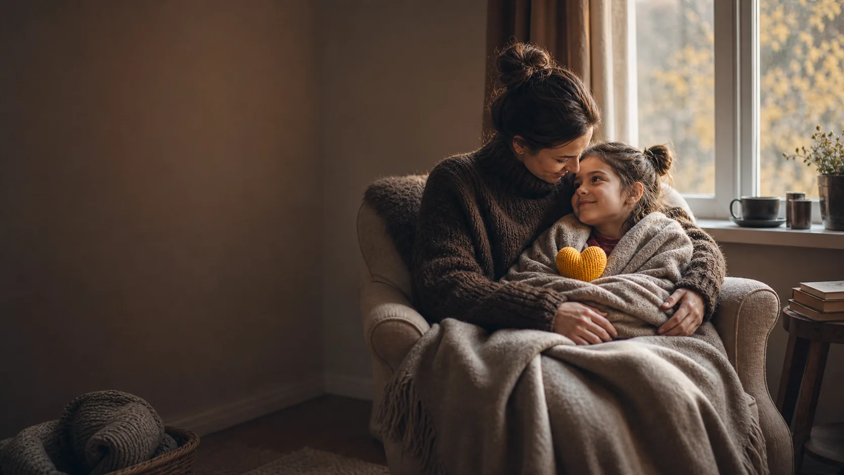Eine Mutter hält ihre Tochter im Arm — ein gelbes Strickherz in der Decke.