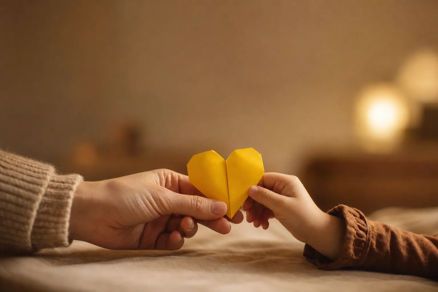 Eine erwachsene und eine kleine Hand halten gemeinsam ein Herz aus Papier.