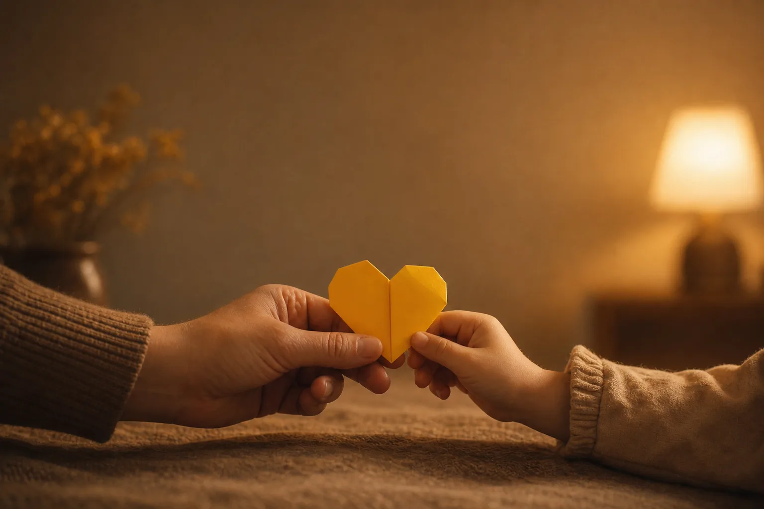 Eine erwachsene und eine kleine Hand halten gemeinsam ein Herz aus Papier.